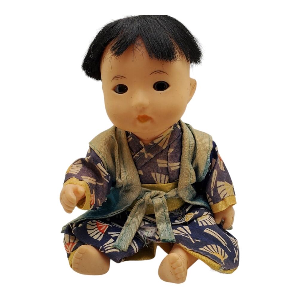 Vintage Japanese Ichimatsu Gofun Baby Boy Doll in Kimono Black Hair Japan